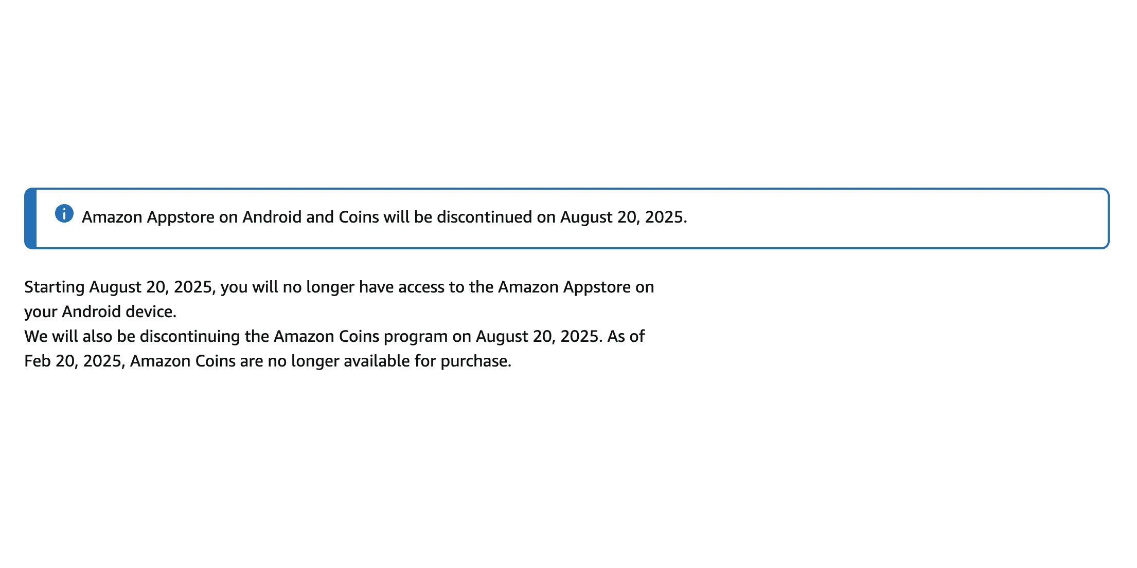 Thông báo chính thức từ Amazon về việc ngừng hỗ trợ Appstore trên các thiết bị Android từ tháng 8 năm 2025