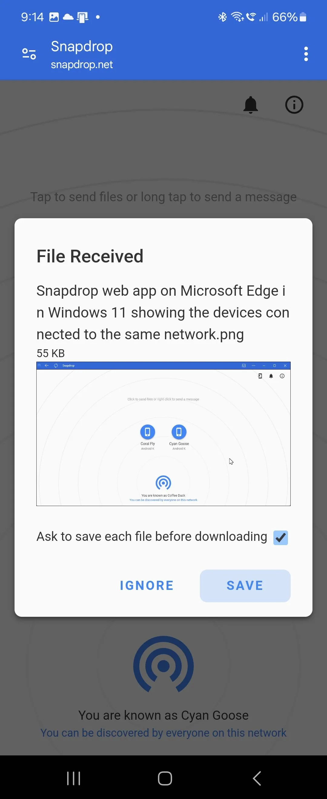 Thông báo &quot;File Received&quot; từ ứng dụng web Snapdrop trên điện thoại Android