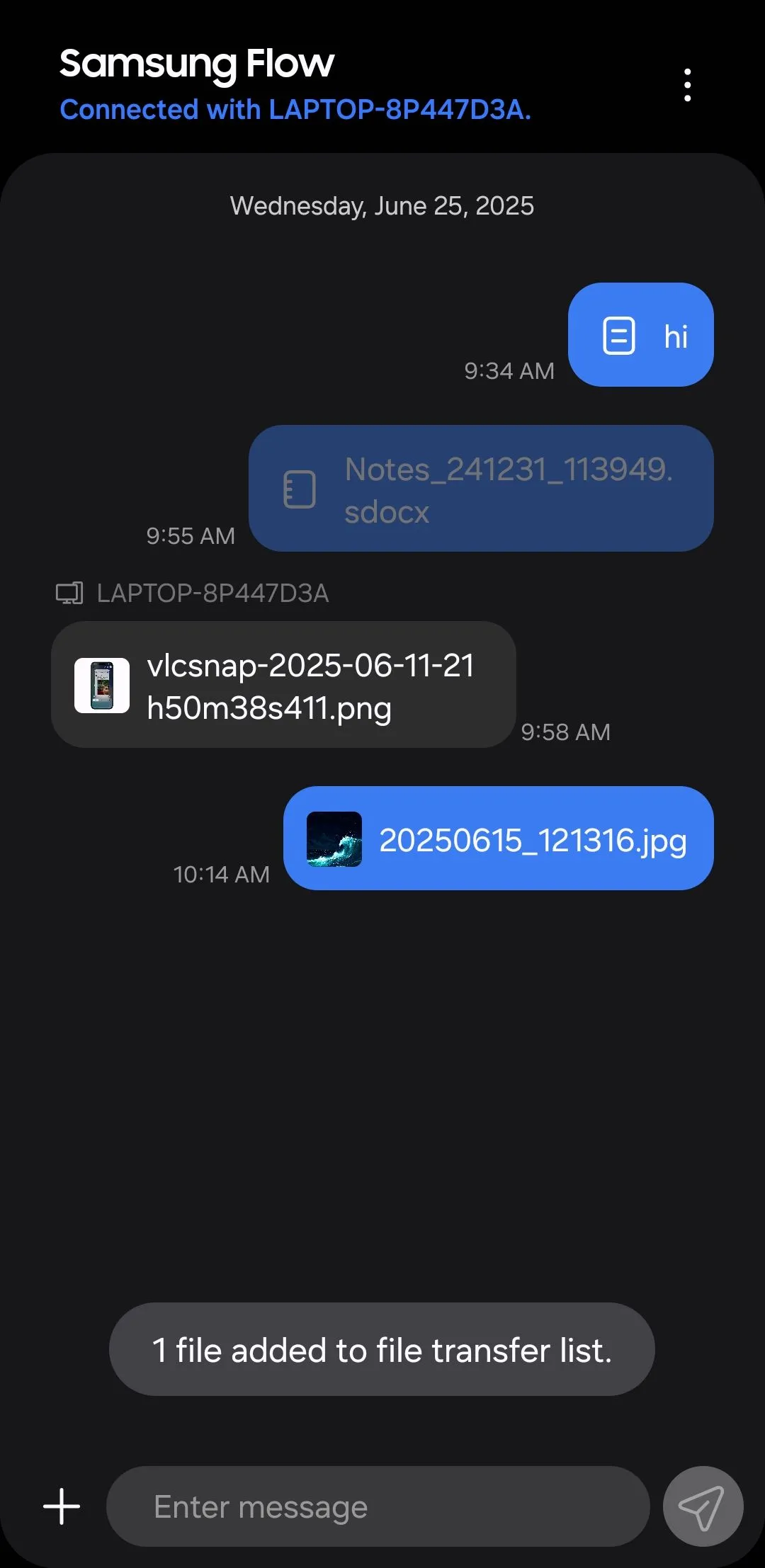 Thông báo gửi tệp thành công trong Samsung Flow trên điện thoại