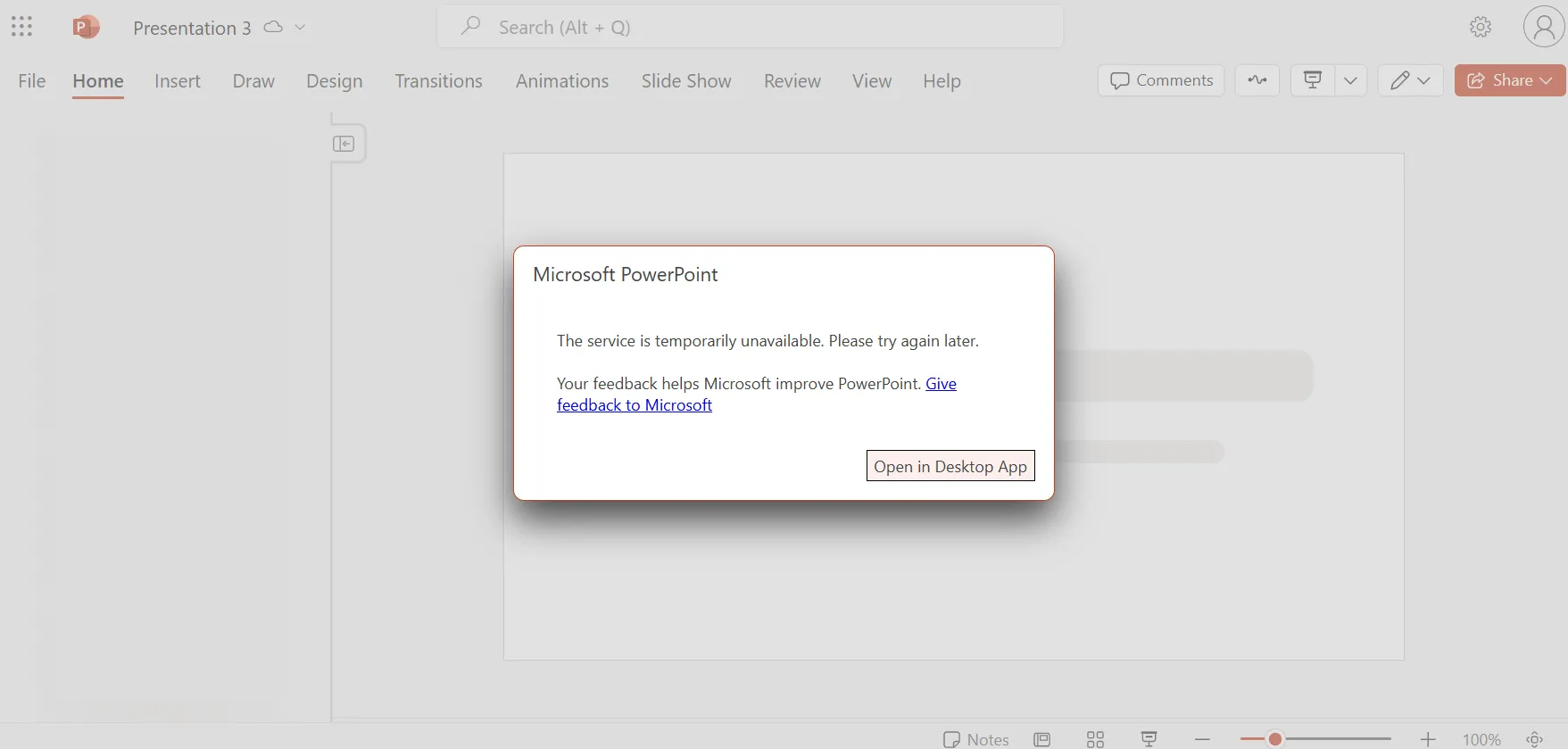 Thông báo lỗi hiển thị khi cố gắng mở một mẫu template PowerPoint trên phiên bản web (PowerPoint Online), yêu cầu sử dụng ứng dụng desktop.