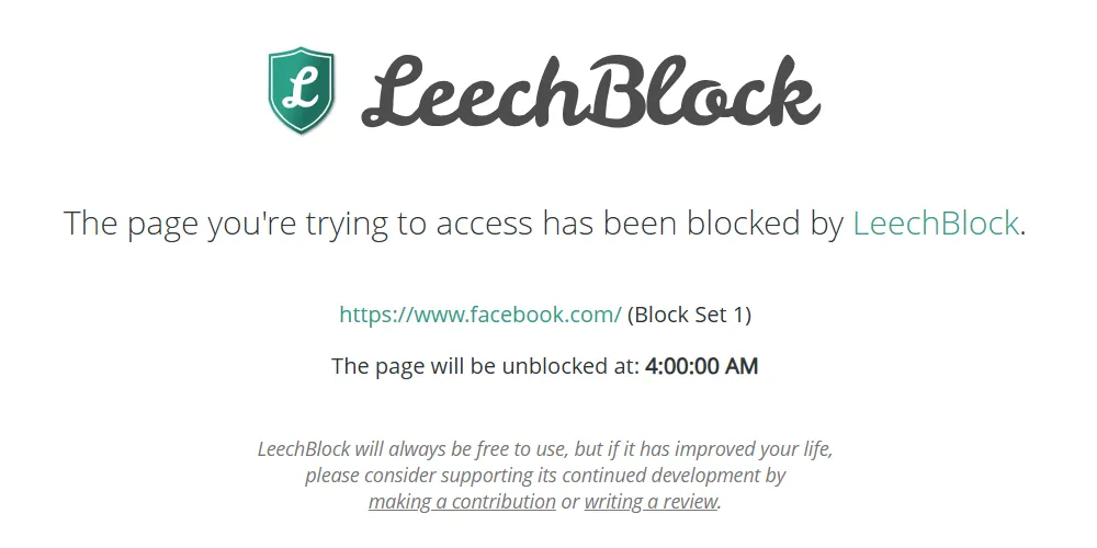 Thông báo màn hình chặn của LeechBlock NG hiển thị trên Google Chrome khi truy cập trang web bị giới hạn.