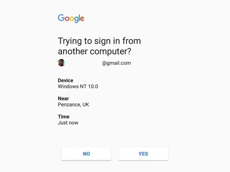 Thông báo nhắc nhở xác thực hai yếu tố (2FA) của Google trên thiết bị thứ hai, tăng cường bảo mật đăng nhập.