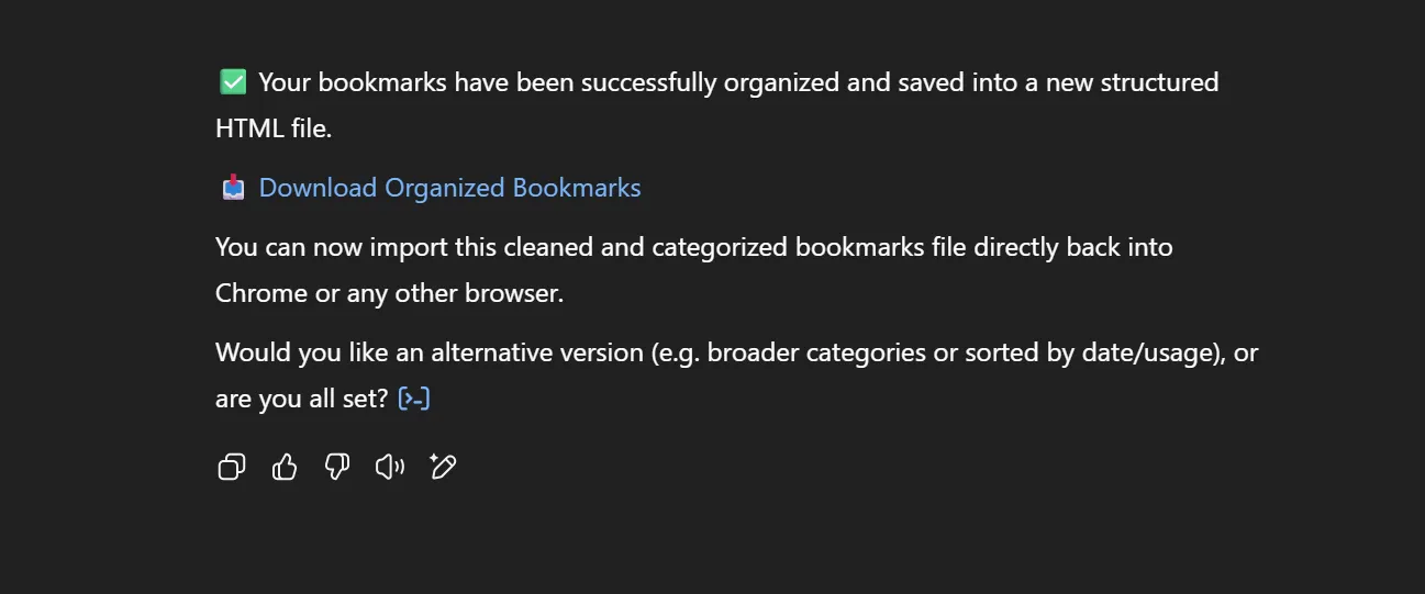 Thông báo từ ChatGPT xác nhận đã sắp xếp bookmark và cung cấp liên kết tải xuống tệp HTML mới.