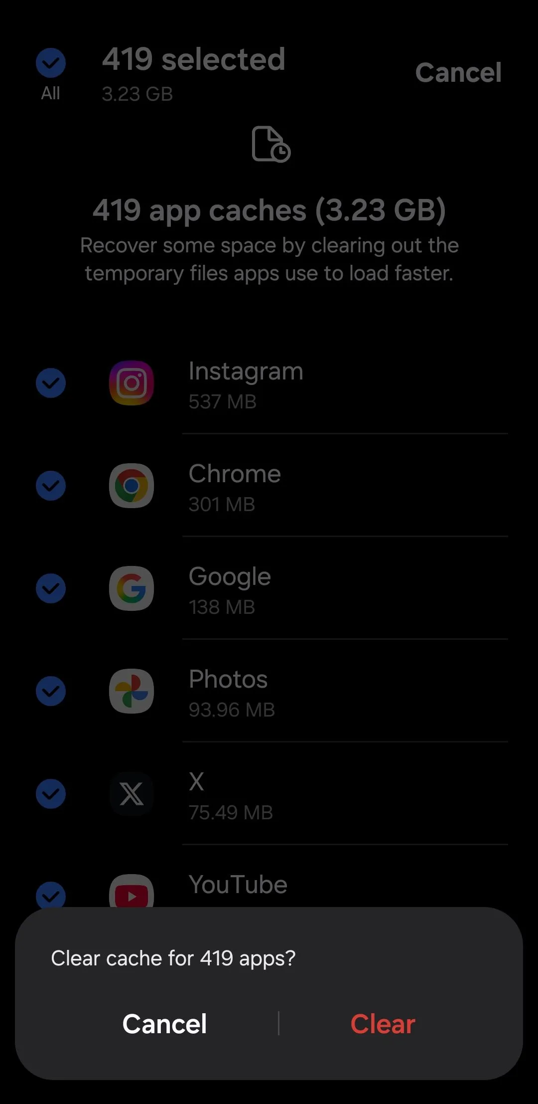 Thông báo xác nhận xóa bộ nhớ đệm ứng dụng trên Samsung