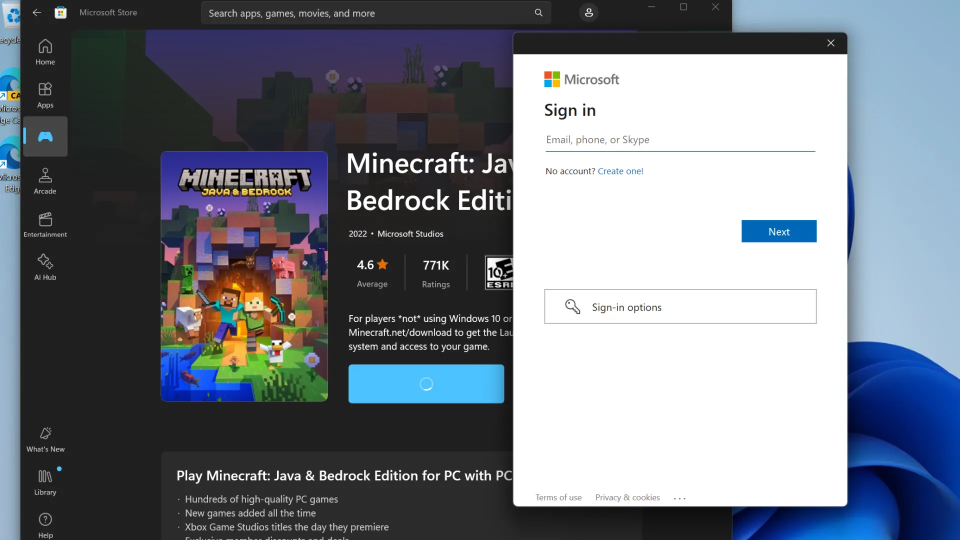 Thông báo yêu cầu đăng nhập tài khoản Microsoft trên Microsoft Store để hoàn tất giao dịch mua ứng dụng hoặc trò chơi
