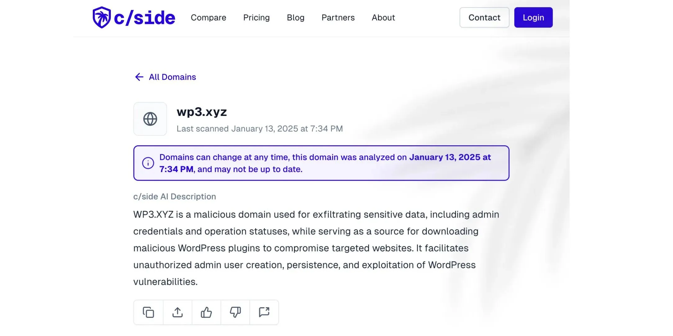 Thông tin chi tiết về domain độc hại WP3.XYZ trong chiến dịch tấn công WordPress được báo cáo bởi c/side