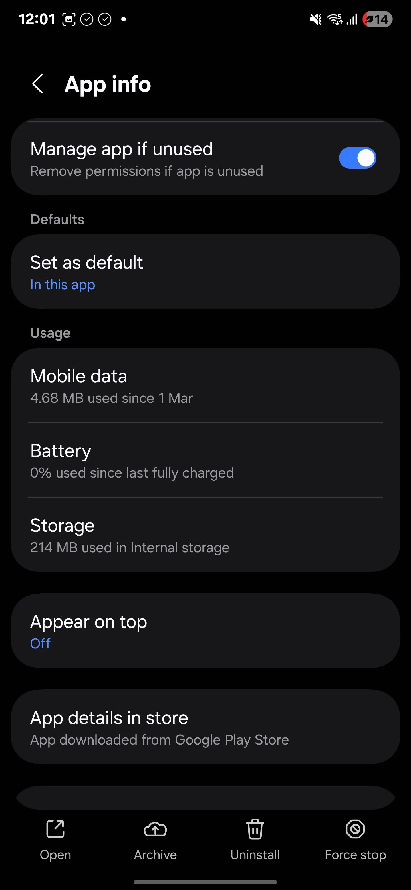 Thông tin chi tiết về ứng dụng trên điện thoại Samsung, hiển thị tùy chọn quản lý pin và hoạt động nền