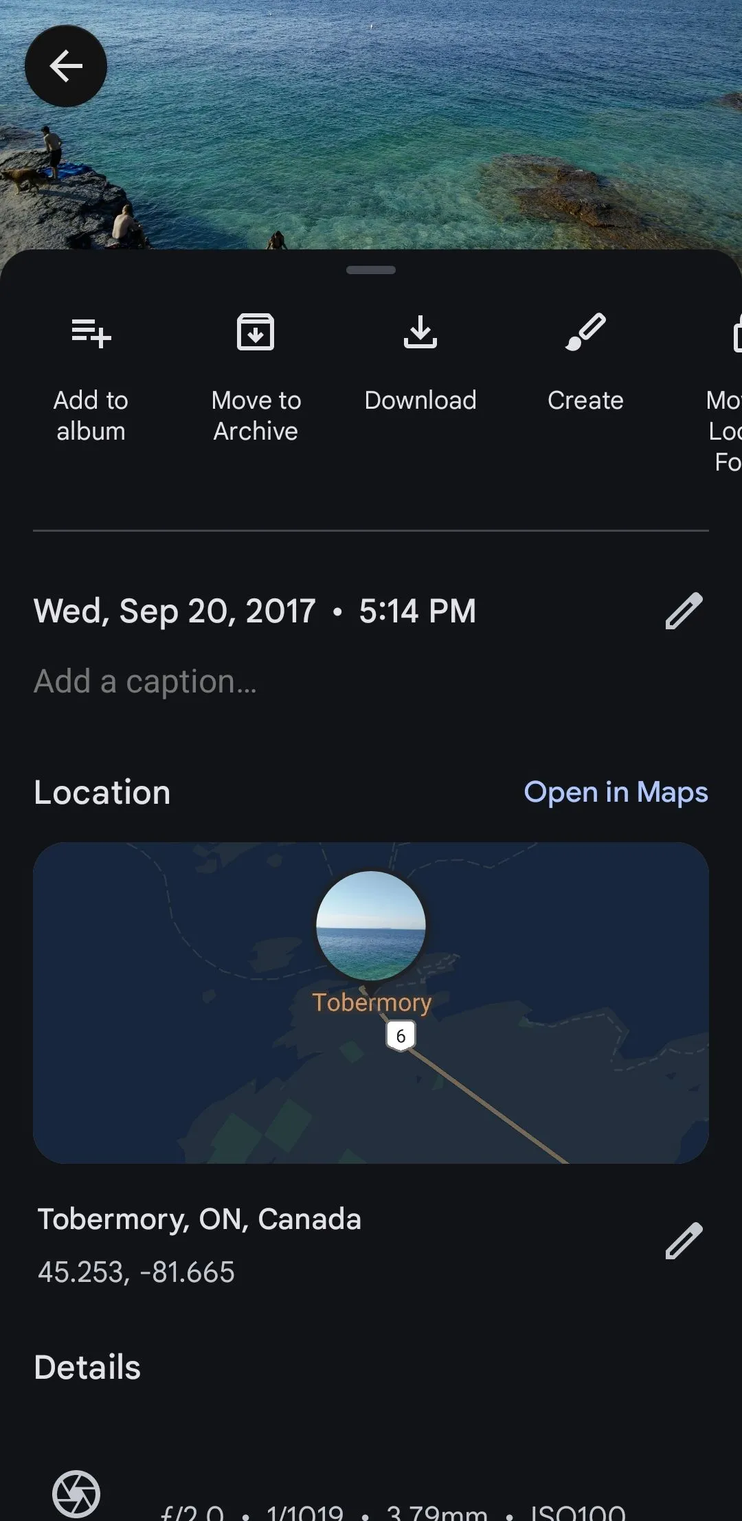 Thông tin dữ liệu vị trí ảnh trong ứng dụng Google Photos