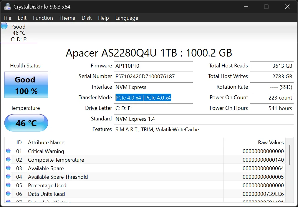 Thông tin về chế độ PCIe của ổ cứng NVMe SSD được hiển thị trong CrystalDiskInfo.