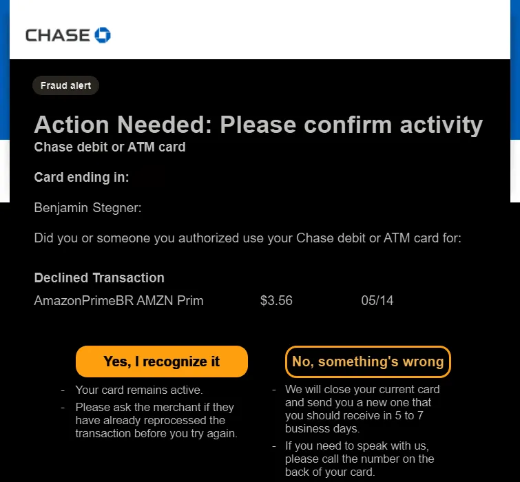Thư điện tử thông báo gian lận tài khoản Amazon từ ngân hàng Chase