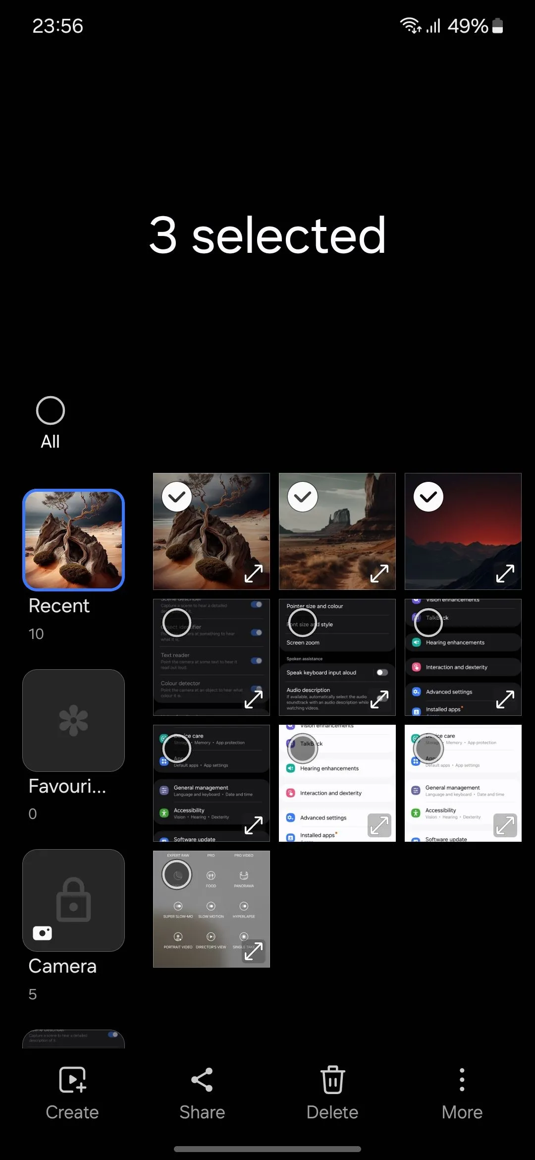 Thư viện ảnh Samsung Gallery với nhiều hình ảnh đã được chọn, sẵn sàng để chia sẻ an toàn qua Private Share.