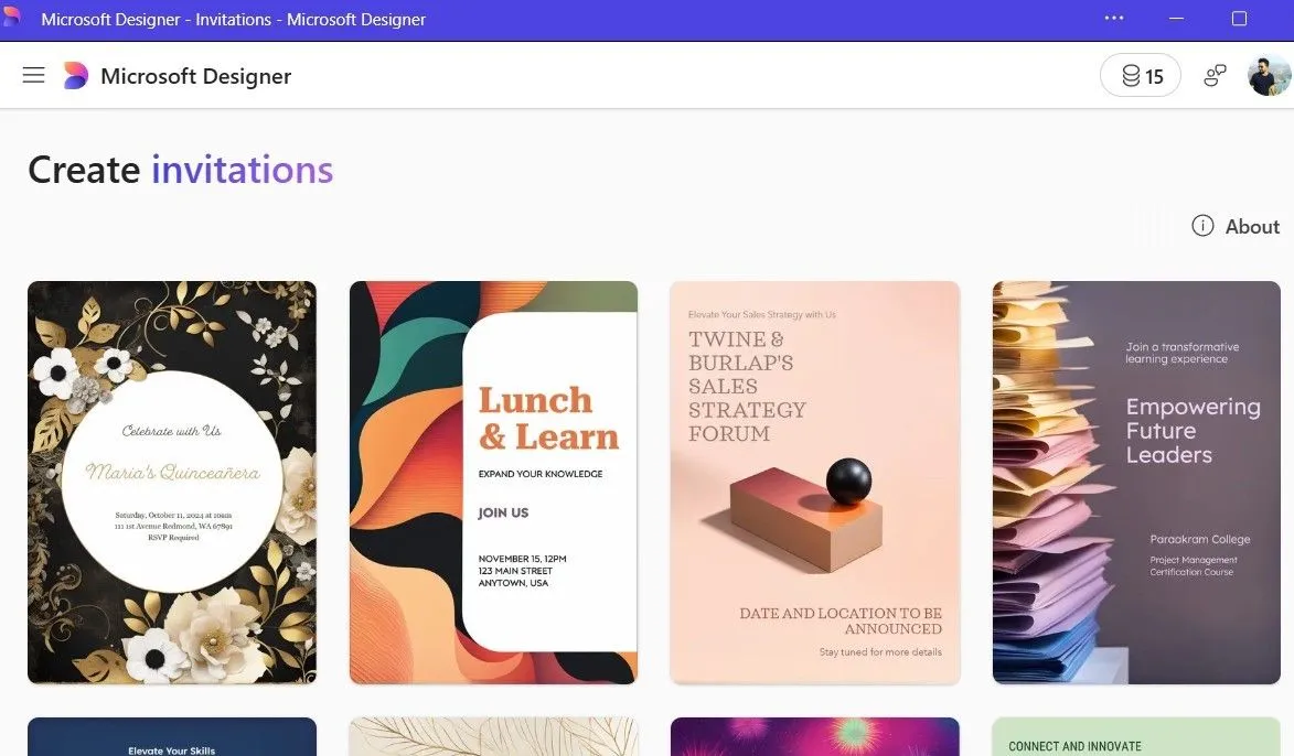 Thư viện mẫu thiệp mời đa dạng trong ứng dụng Microsoft Designer giúp người dùng dễ dàng bắt đầu