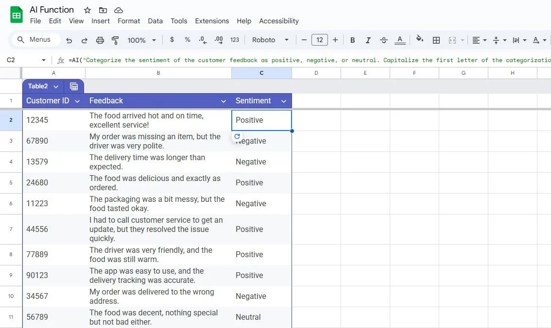 Thực hiện phân tích cảm xúc (sentiment analysis) bằng hàm AI() trong Google Sheets