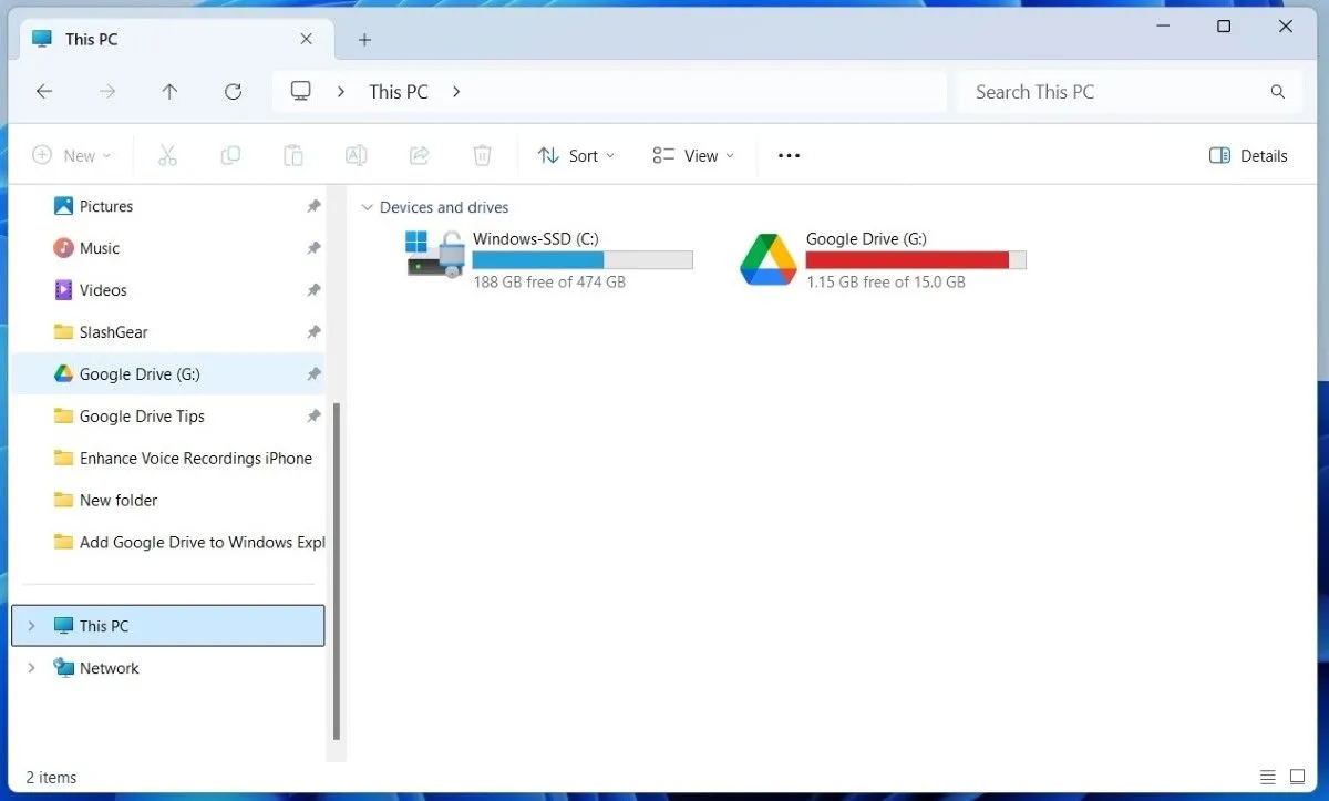 Tích hợp Google Drive hiển thị trong thanh điều hướng của File Explorer Windows 11