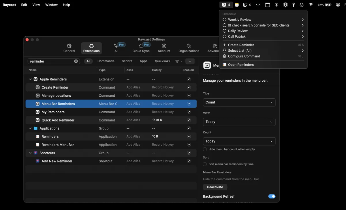 Tiện ích Apple Reminders hiển thị trên Menu Bar của Mac nhờ Raycast