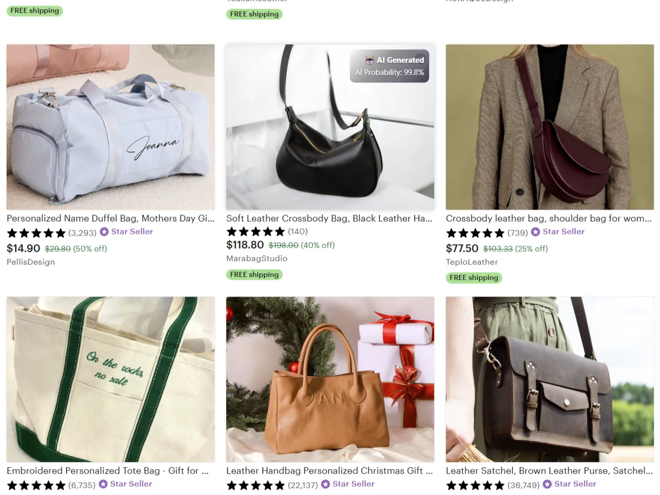 Tiện ích BitMind Chrome đánh dấu ảnh trên Etsy có thể là ảnh AI tạo sinh.