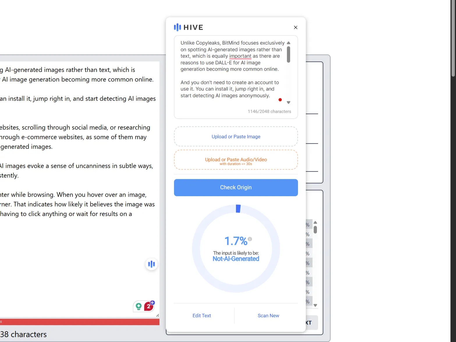 Tiện ích Hive AI Chrome xác nhận nội dung được viết bởi con người trong thanh bên.