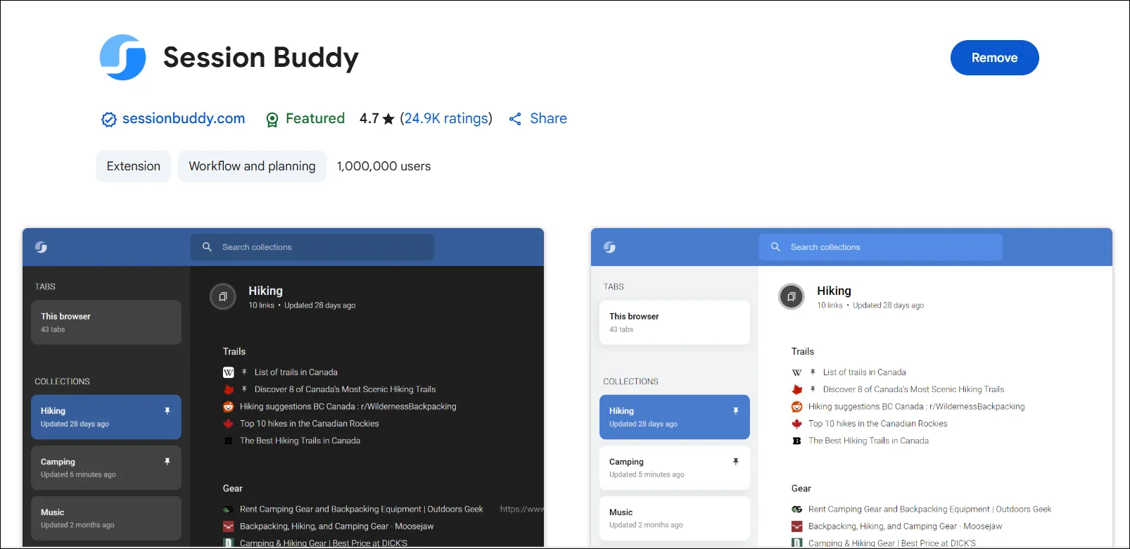 Tiện ích mở rộng Session Buddy trên trình duyệt Chrome, hiển thị danh sách các tab đã lưu, hỗ trợ quản lý tab hiệu quả.