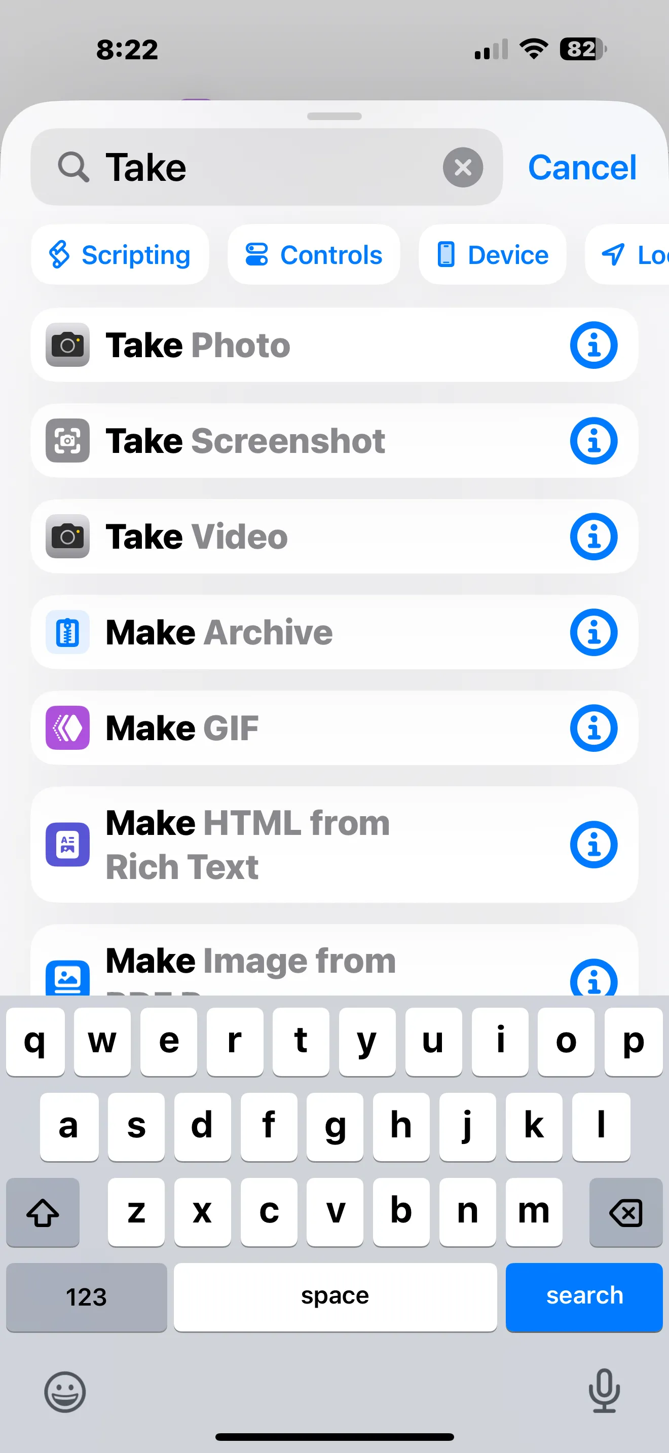 Tìm kiếm hành động "Take Screenshot" trong ứng dụng Phím tắt để tạo phím tắt chụp ảnh màn hình iPhone