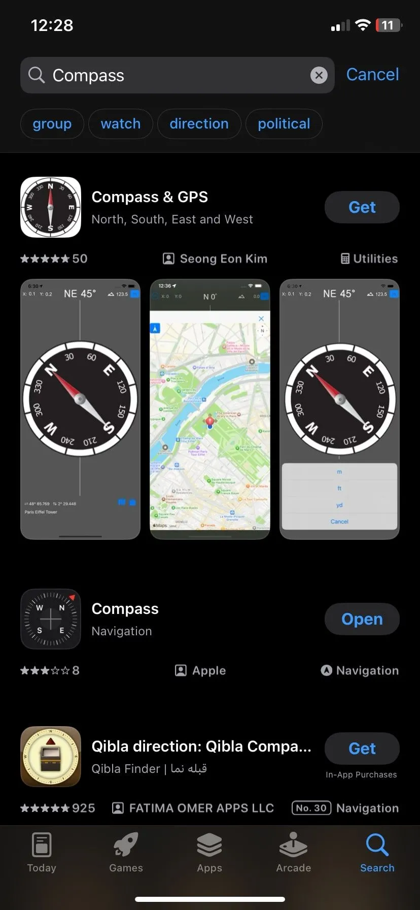 tìm kiếm ứng dụng la bàn trên App Store hiển thị nhiều lựa chọn ngoài ứng dụng la bàn mặc định của iPhone