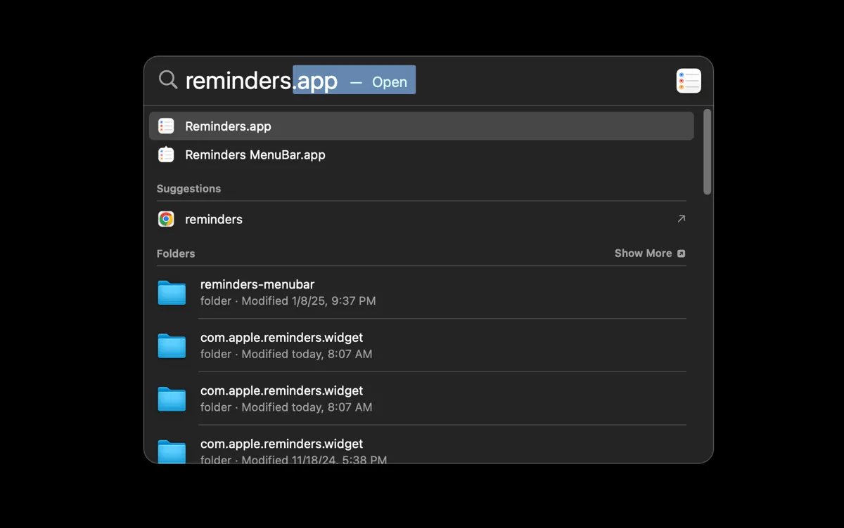 Tìm kiếm và khởi chạy nhanh ứng dụng Reminders bằng Spotlight trên macOS