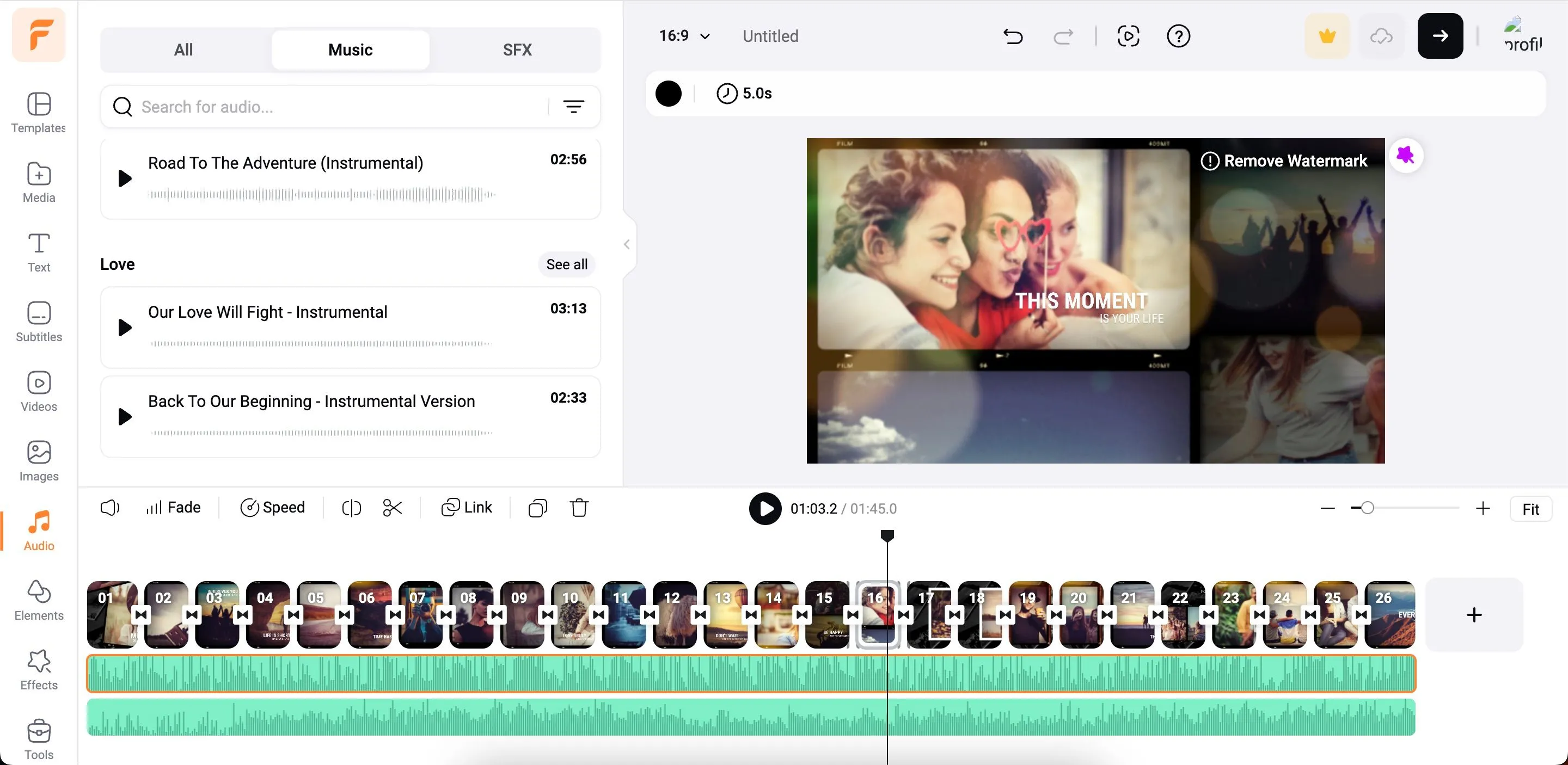 Tìm kiếm và thêm nhạc nền từ thư viện âm thanh của FlexClip vào video.