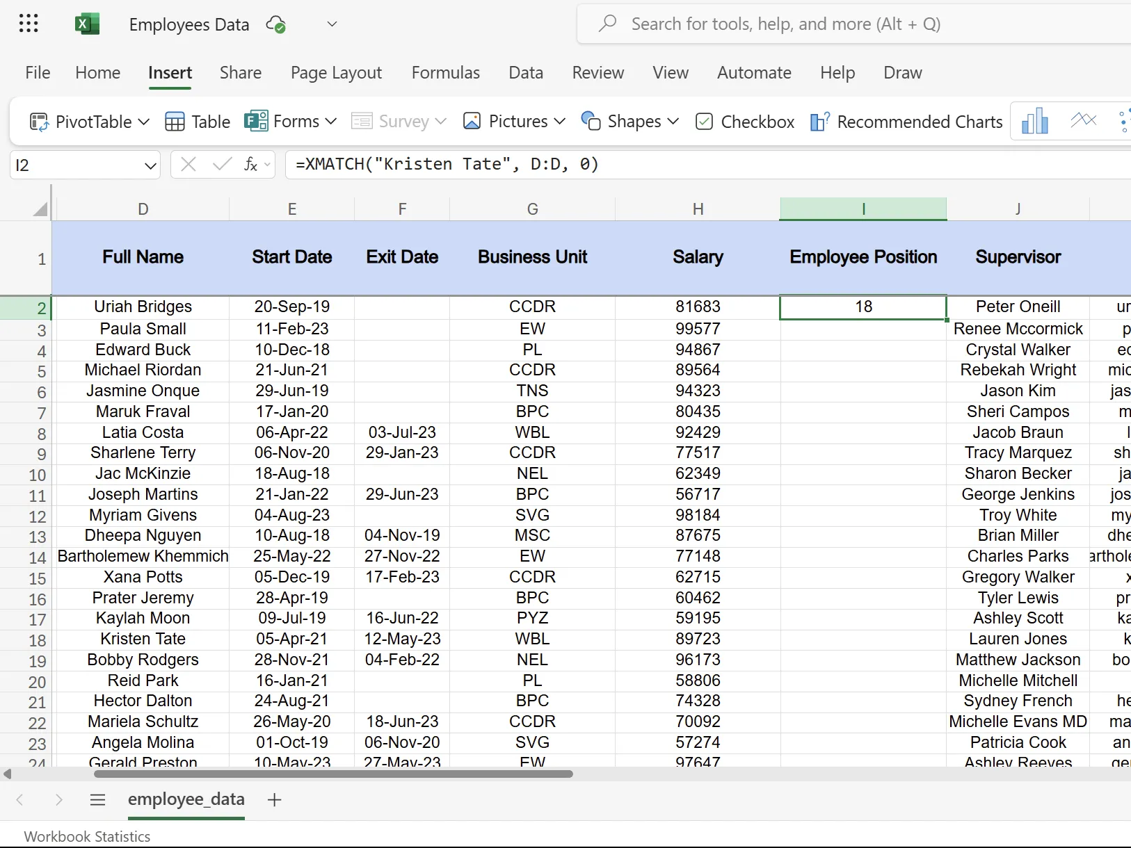Tìm vị trí nhân viên Kristen Tate bằng hàm XMATCH trong Excel