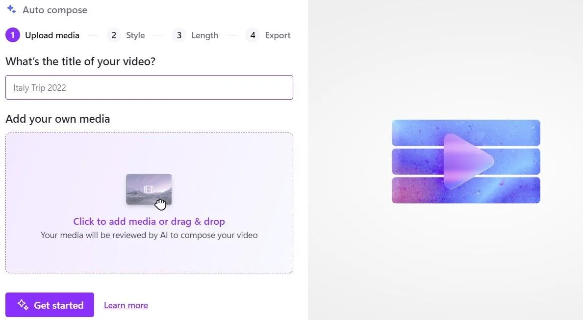 Tính năng AI Creator (Auto compose) trong ứng dụng Clipchamp tạo video tự động