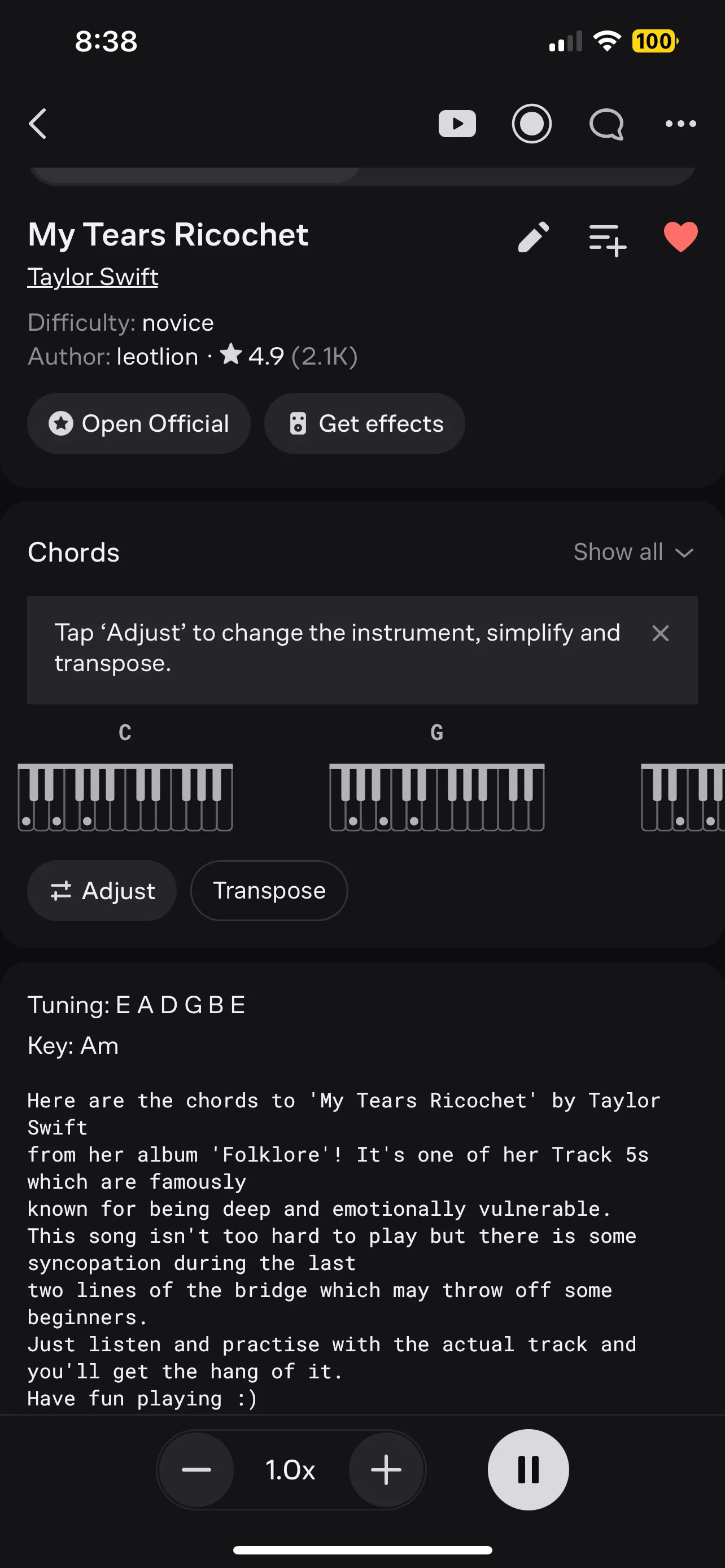 Tính năng cuộn tự động (auto-scroll) của Ultimate Guitar đang hoạt động trên bản tab của bài My Tears Ricochet của Taylor Swift