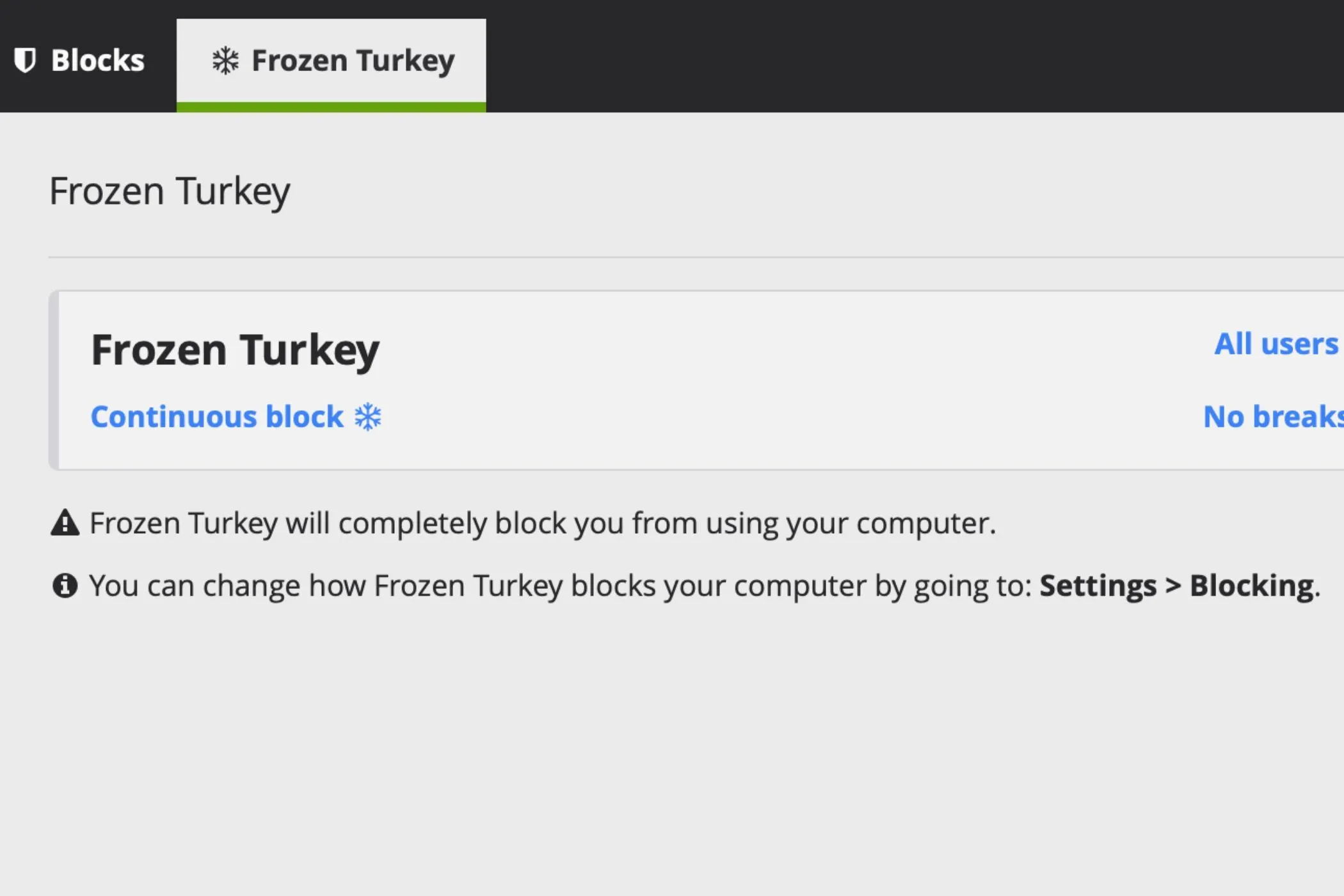 Tính năng Frozen Turkey trong ứng dụng Cold Turkey giúp chặn truy cập website tập trung làm việc