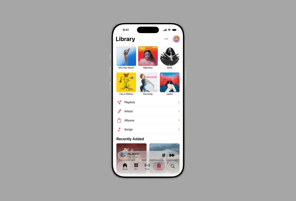 Tính năng Ghim Mục Yêu Thích trong tab Thư viện của Apple Music giúp truy cập nhanh album, playlist, nghệ sĩ