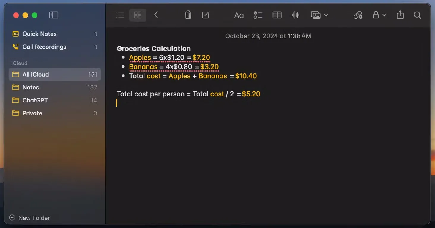Tính năng giải toán trực tiếp (Math Notes) được minh họa trong ứng dụng Ghi chú (Notes) trên macOS Sequoia, hiển thị cách nhập công thức và kết quả