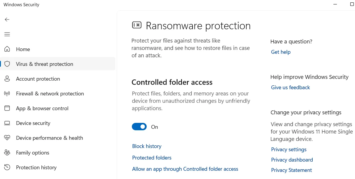 Tính năng Kiểm soát truy cập thư mục trong Bảo mật Windows để chống ransomware.