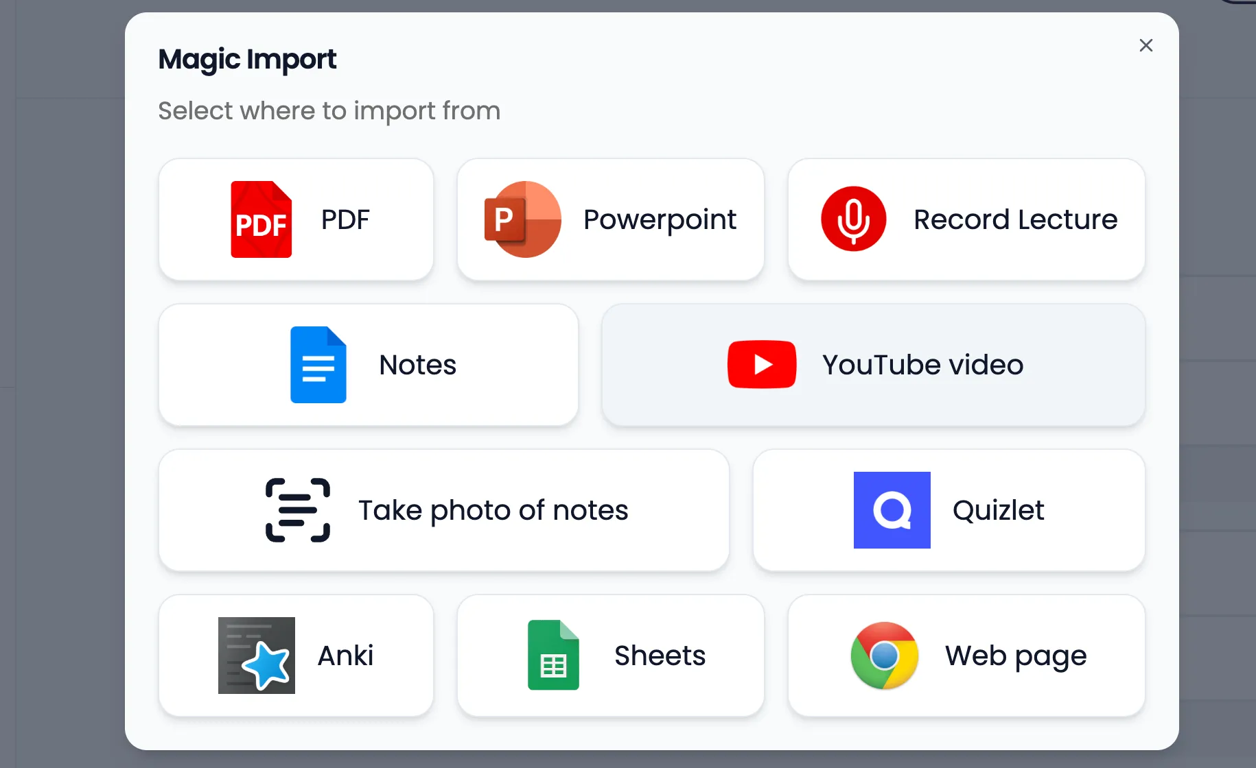 Tính năng Magic Import của Gizmo cho phép nhập dữ liệu từ nhiều nguồn khác nhau như PDF, PowerPoint, YouTube và ghi âm