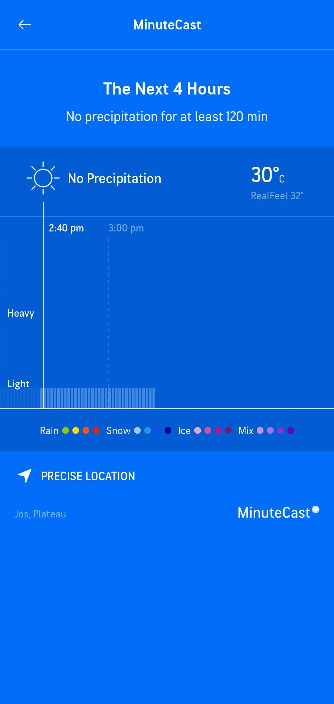 Tính năng MinuteCast của AccuWeather hiển thị không có mưa trong 120 phút tới.