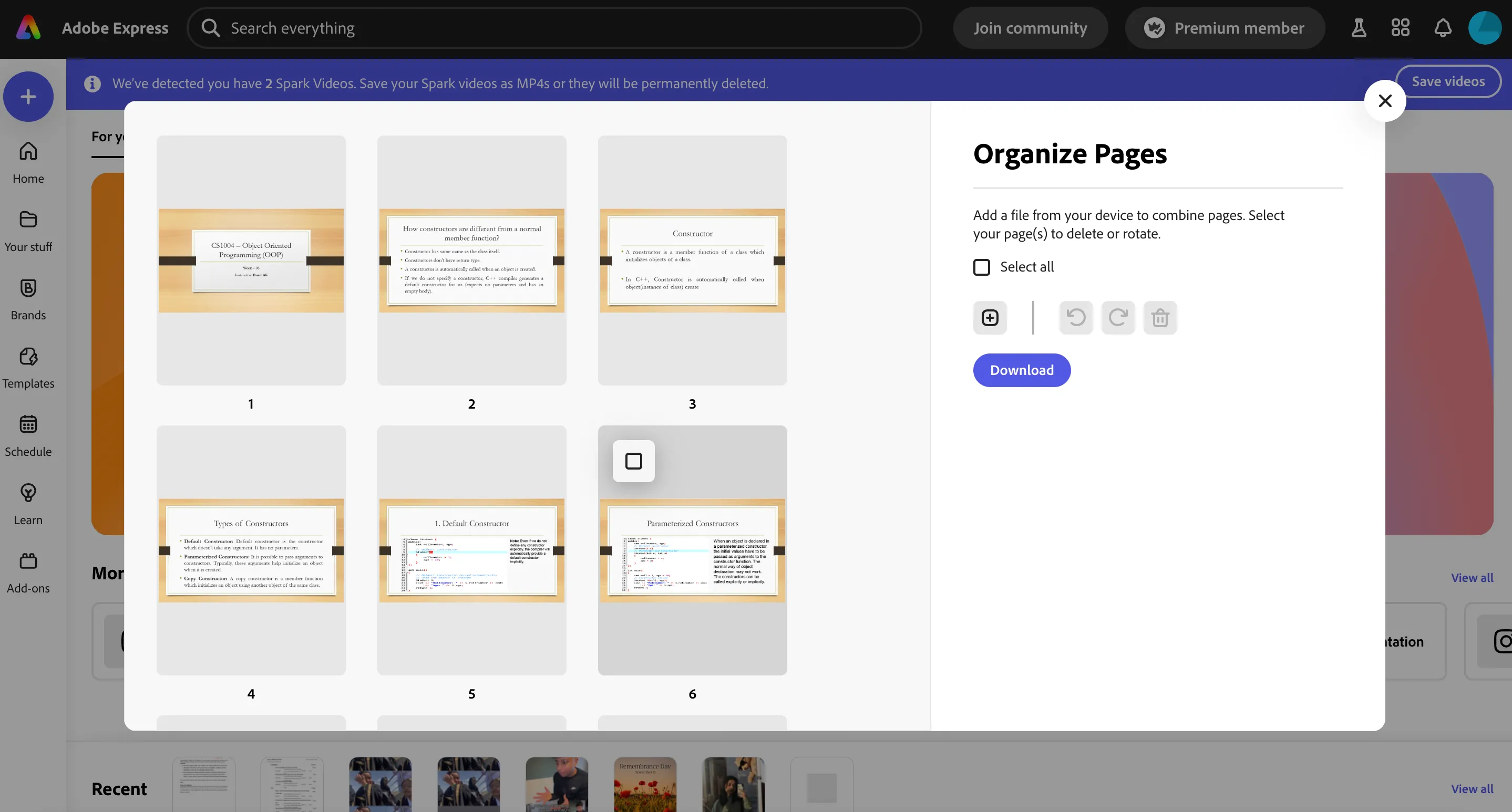 Tính năng sắp xếp trang (Organize Pages) trong Adobe Express, hiển thị các tùy chọn để chỉnh sửa thứ tự và cấu trúc của tệp PDF.