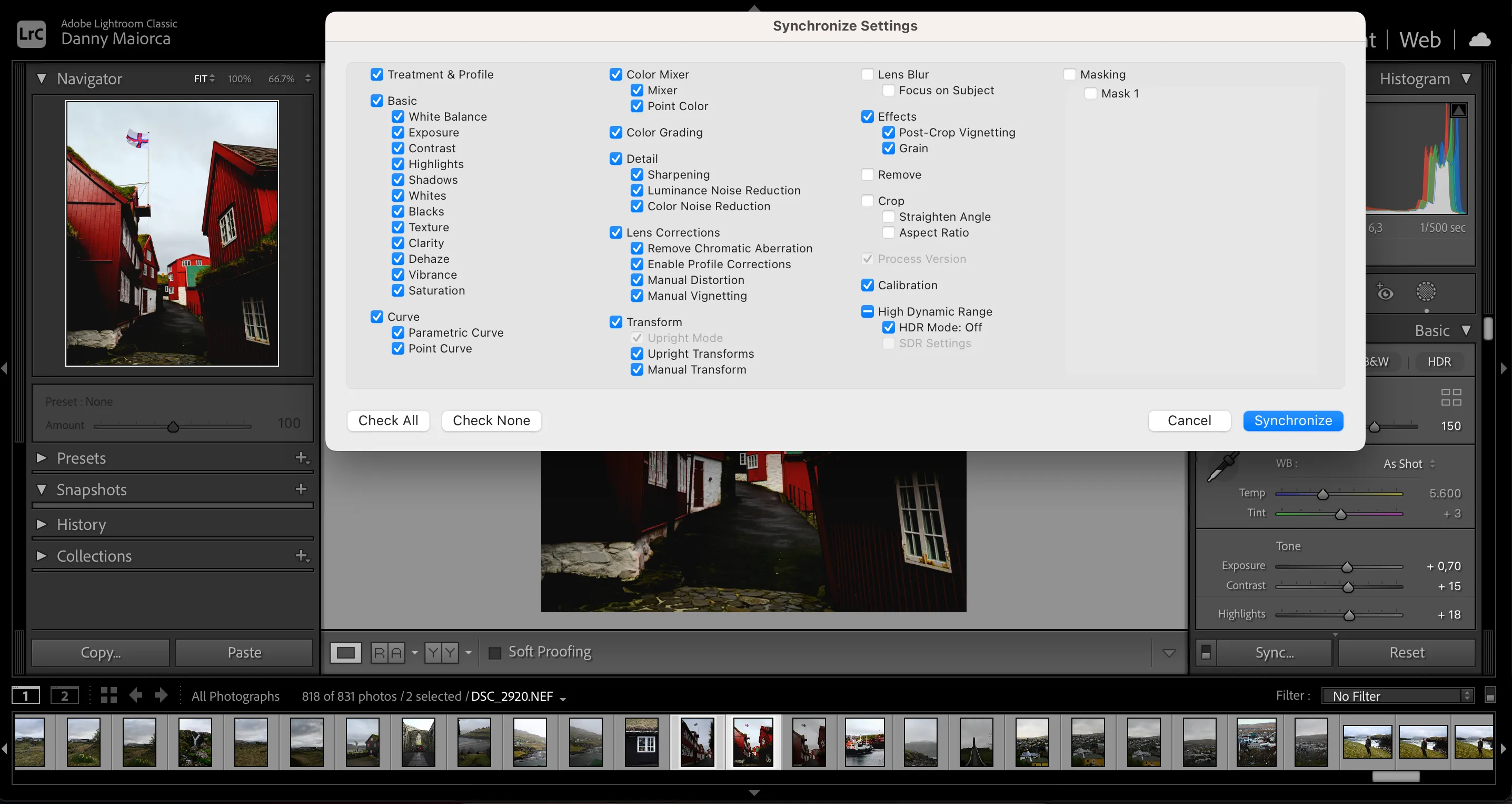 Tính năng Sync của Adobe Lightroom giúp đồng bộ hóa cài đặt chỉnh sửa cho nhiều ảnh