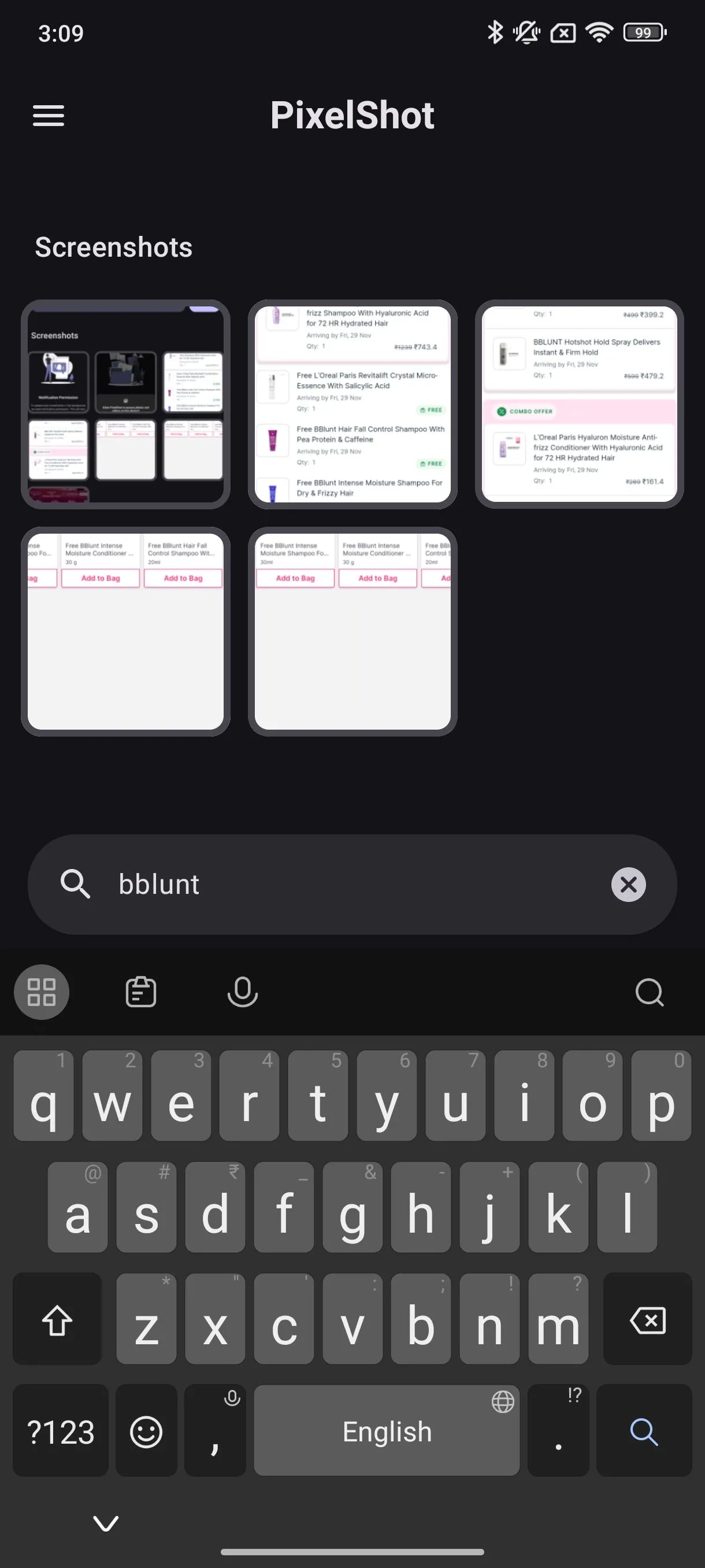 Tính năng tìm kiếm của PixelShot minh họa việc tìm kiếm ảnh chụp màn hình bằng từ khóa 'Bblunt'