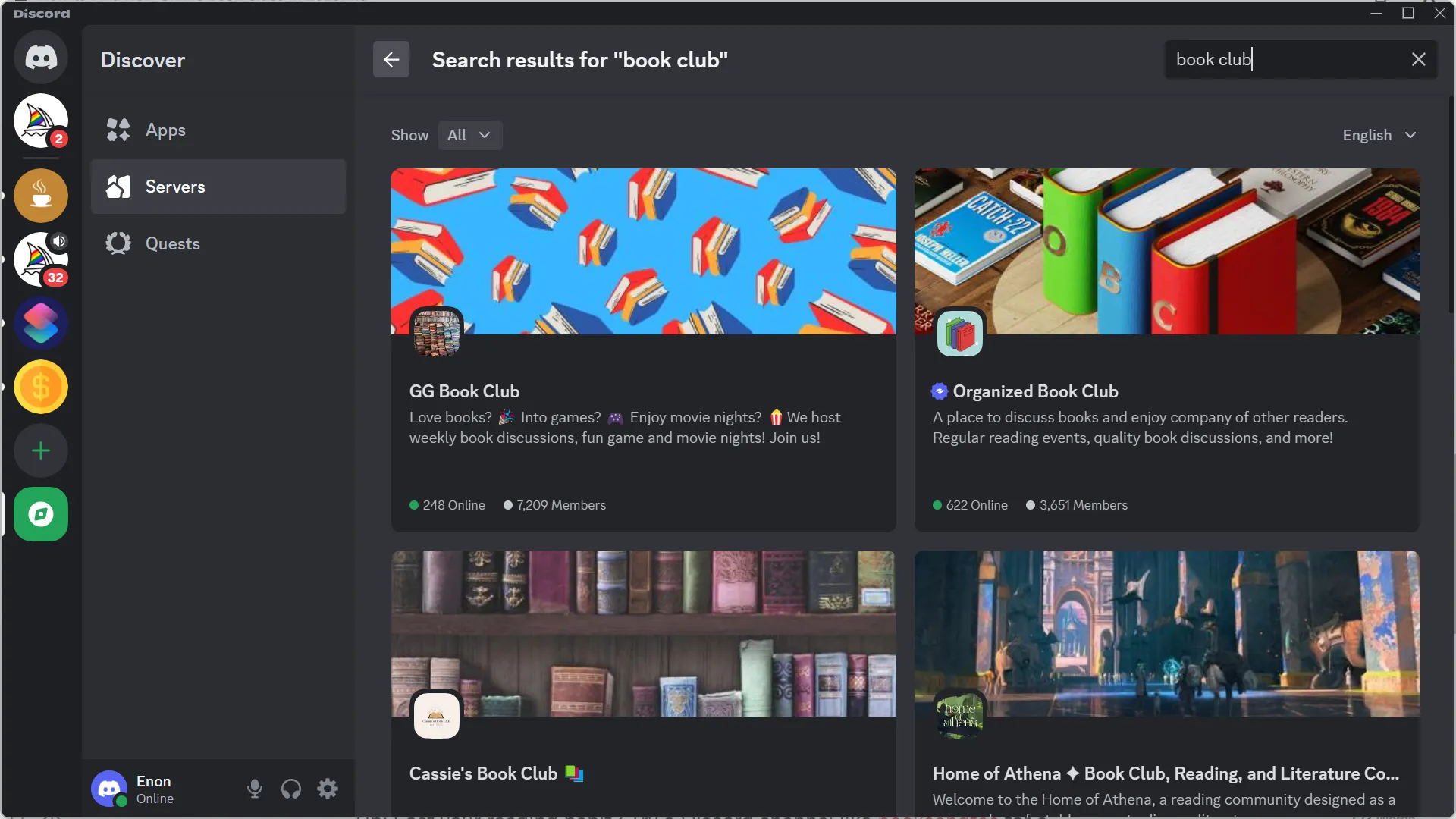 Tính năng tìm kiếm trên Discord để khám phá các câu lạc bộ sách online