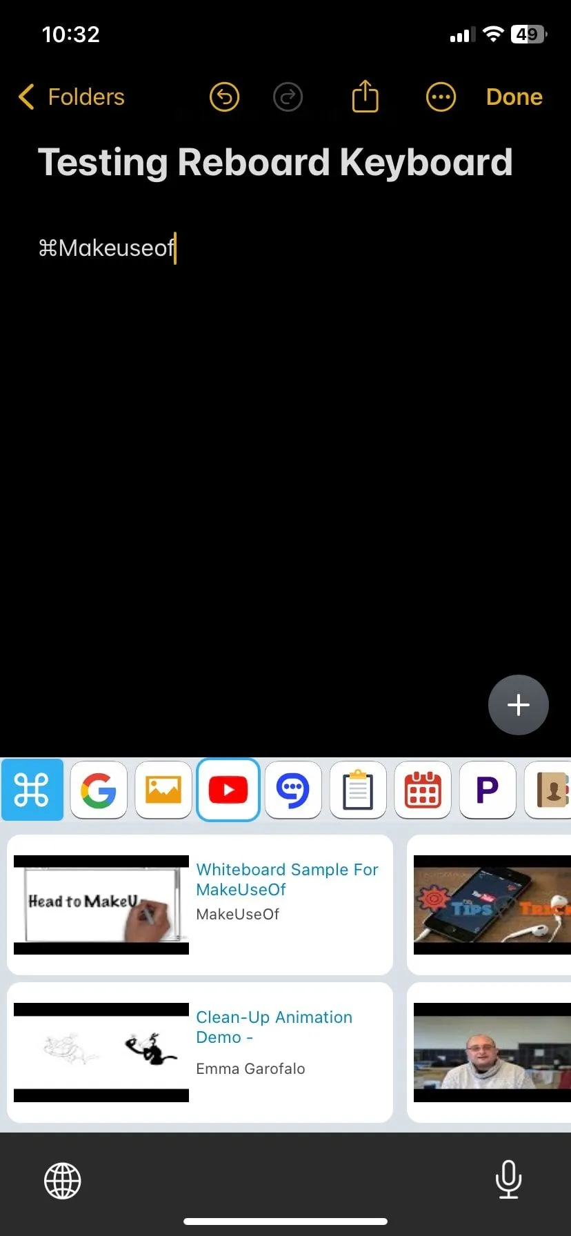 Tính năng tìm kiếm YouTube tích hợp trên bàn phím ReBoard hiển thị kết quả