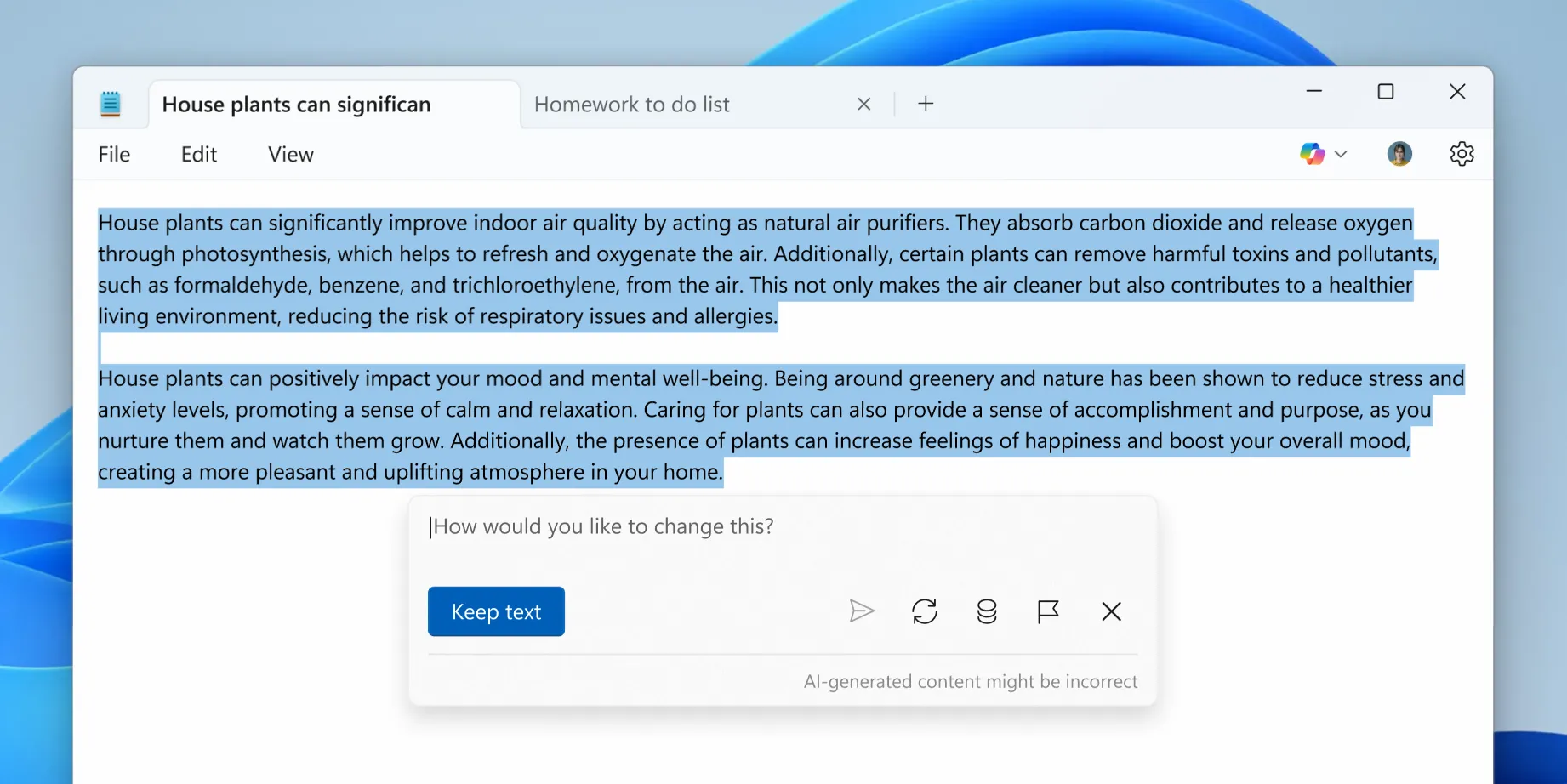 Tính năng Write của Notepad Copilot tạo văn bản mới