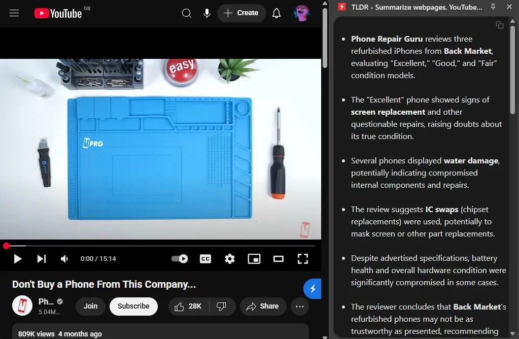 Tóm tắt video YouTube về điện thoại tân trang bằng tiện ích TLDR, giúp người dùng tiết kiệm thời gian