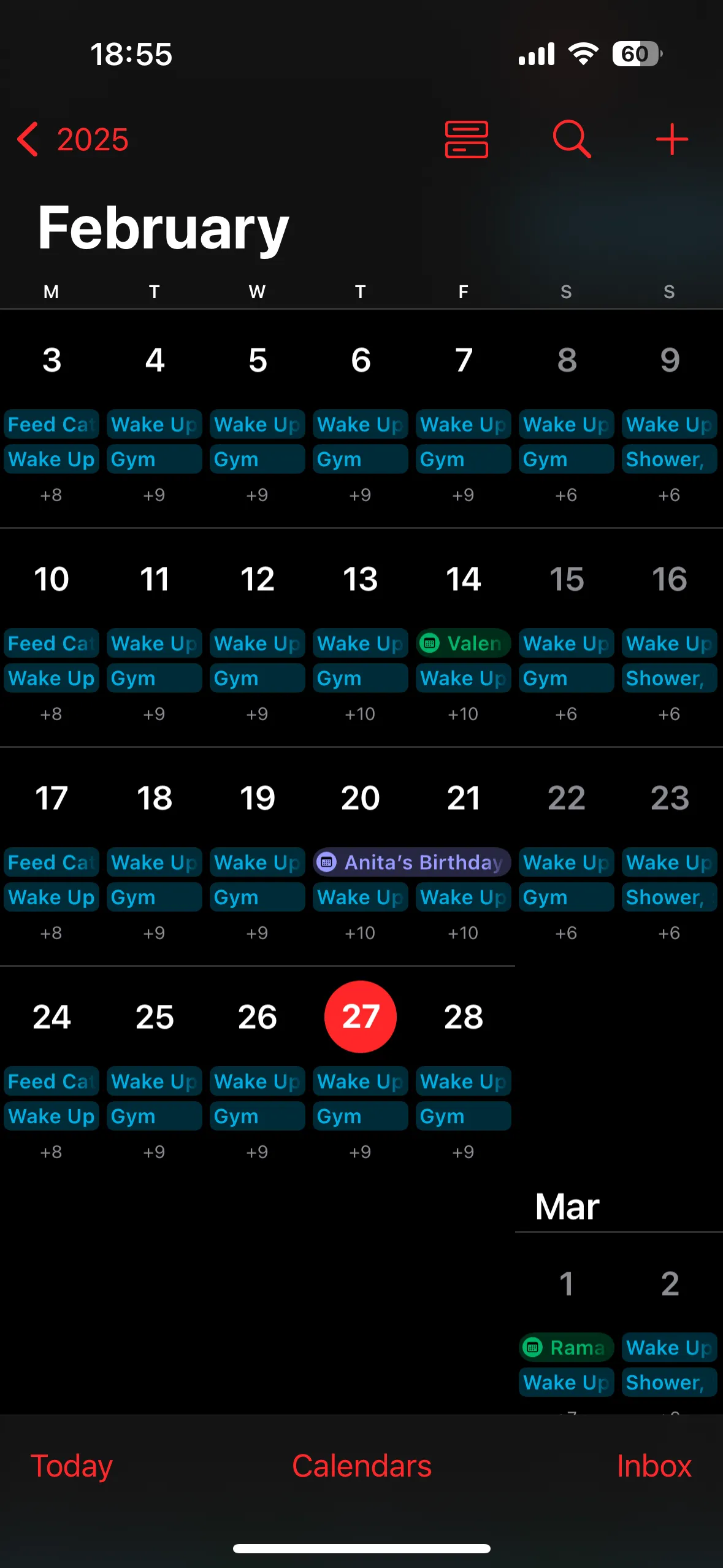 Tổng quan ứng dụng Lịch (Calendar) trên iPhone, hiển thị danh sách các lịch hiện có và tùy chọn &quot;Lịch&quot; ở góc dưới màn hình.