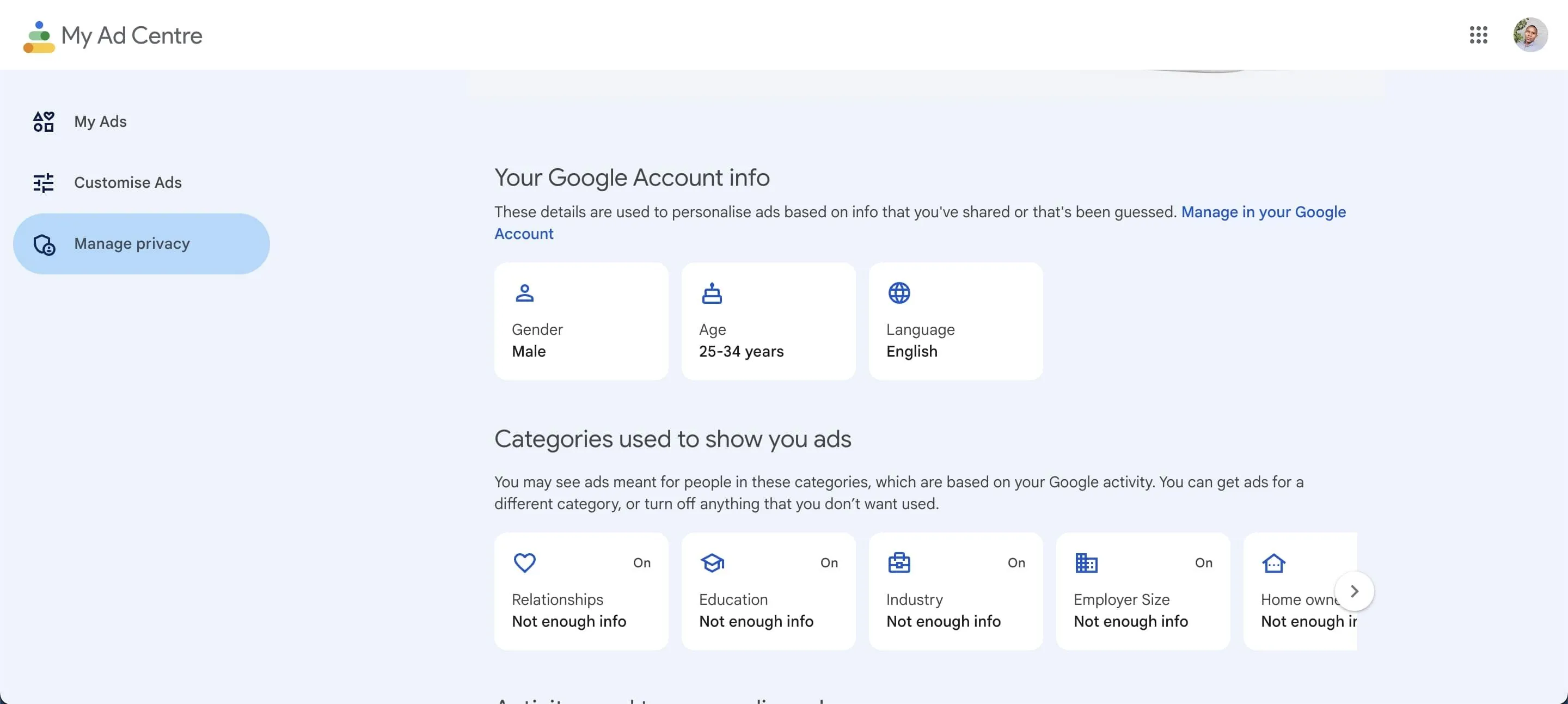 Trang cài đặt quyền riêng tư và trung tâm quảng cáo của Google hiển thị hồ sơ người dùng