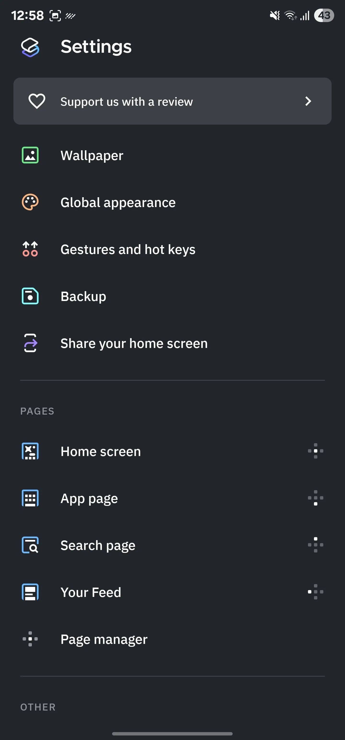 Trang cài đặt Smart Launcher với các tùy chọn cử chỉ và phím nóng