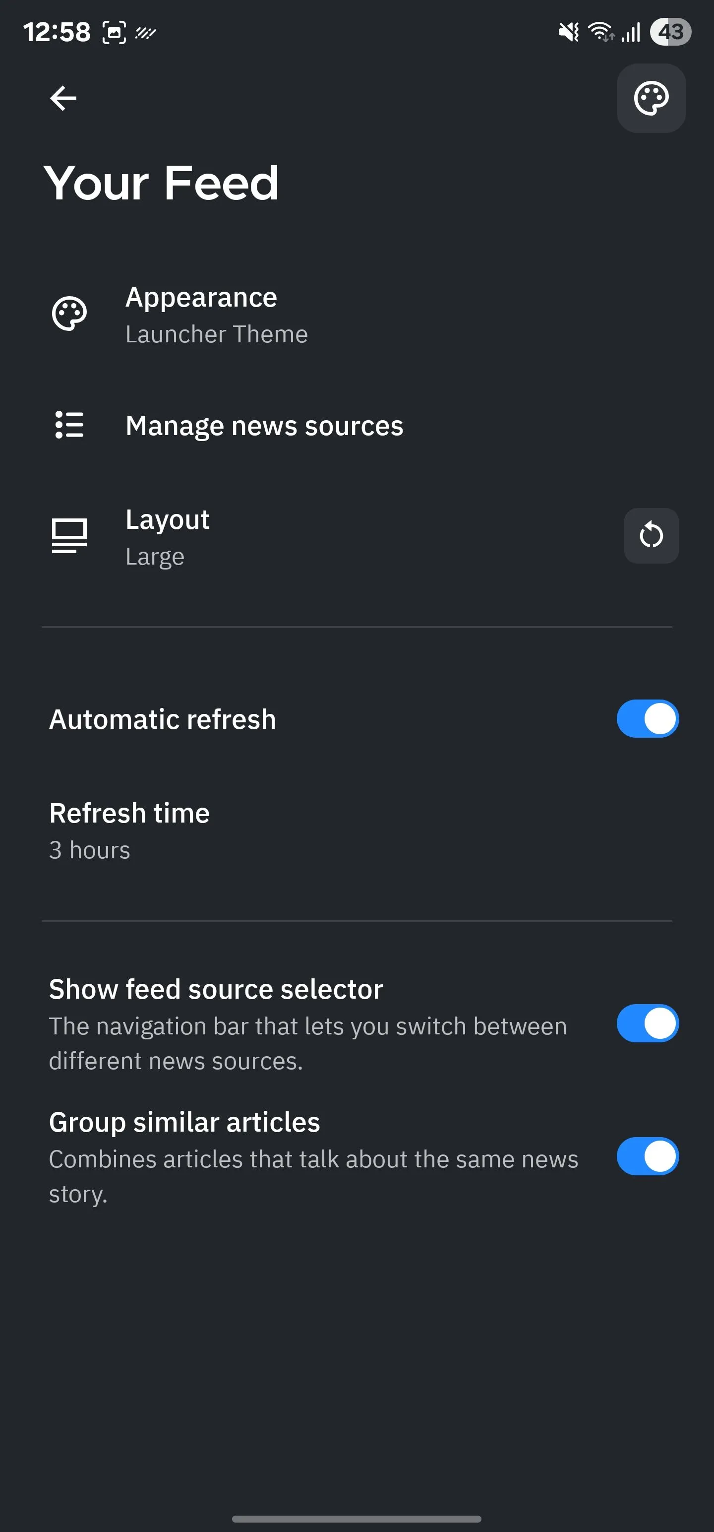Trang cấu hình &quot;Your Feed&quot; trong Smart Launcher, cho phép quản lý các nguồn cấp dữ liệu