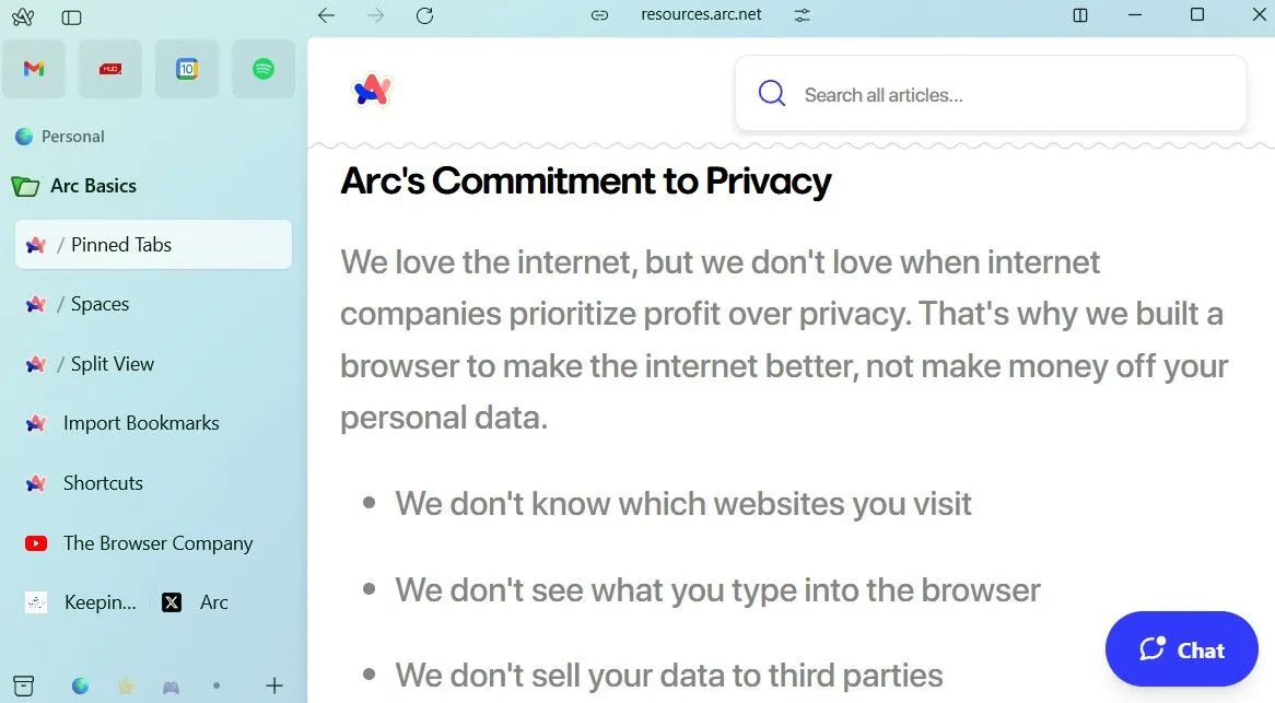 Trang chính sách quyền riêng tư của The Browser Company, nhà phát triển Arc Browser