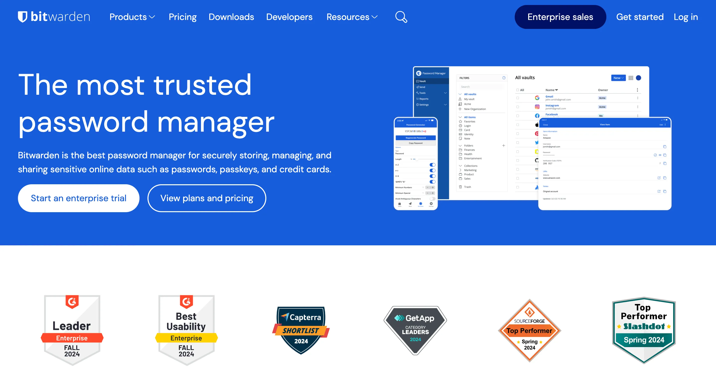 Trang chủ chính thức của Bitwarden, minh họa giao diện và sự chuyên nghiệp của dịch vụ quản lý mật khẩu.