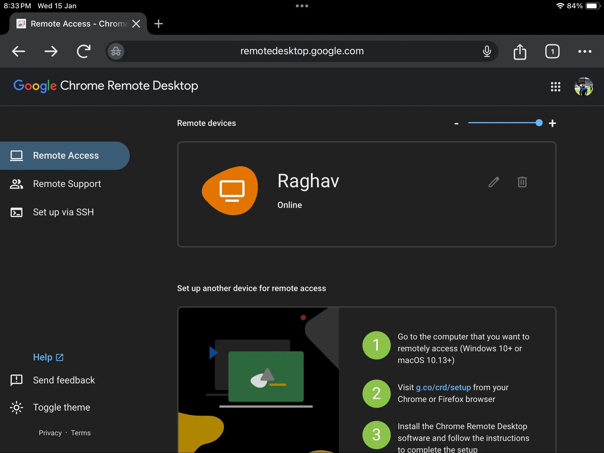 Trang chủ Chrome Remote Desktop trên iPad hiển thị danh sách các máy tính PC sẵn sàng để truy cập từ xa