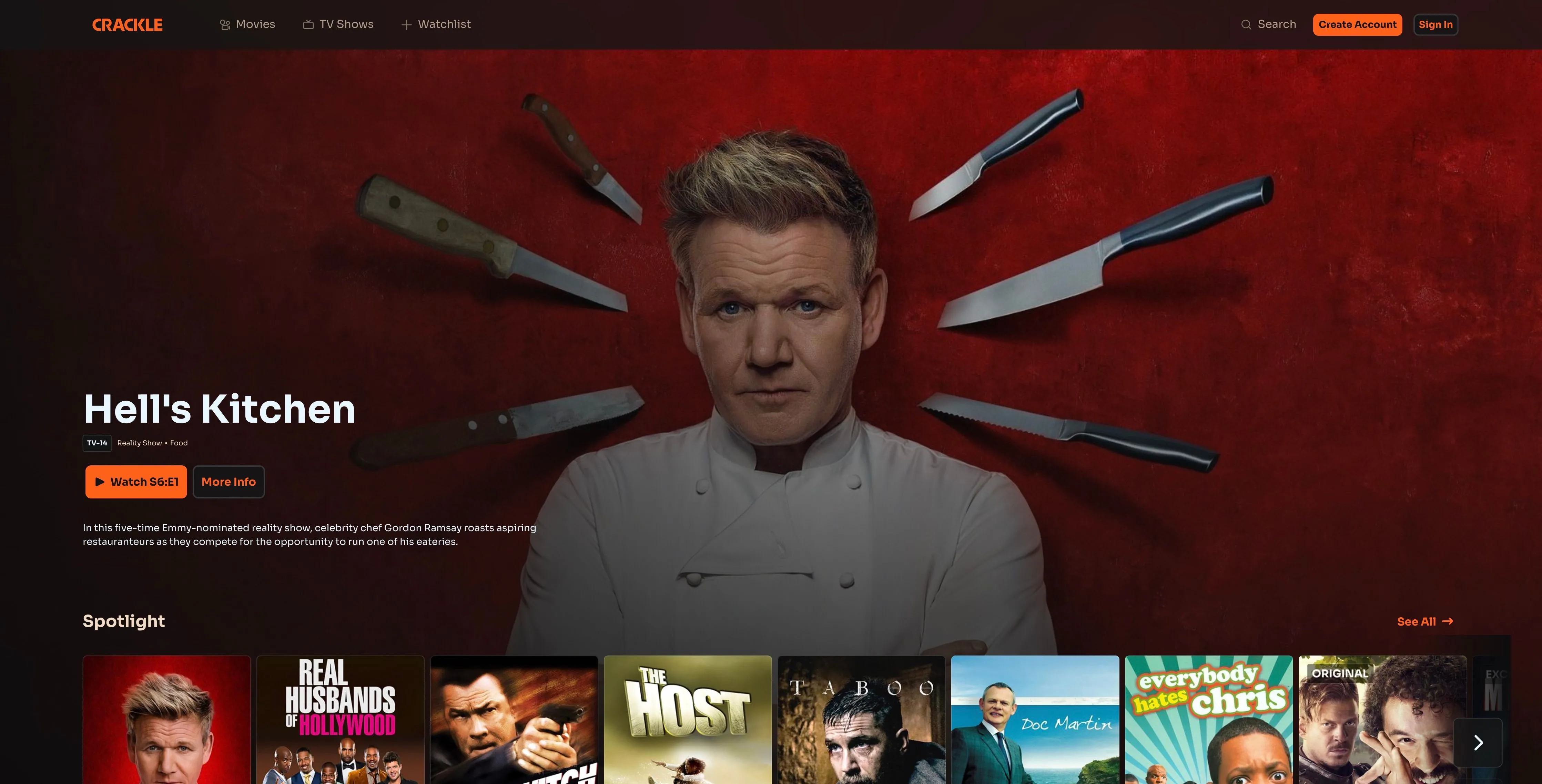 Trang chủ Crackle hiển thị quảng cáo chương trình &quot;Hell's Kitchen&quot; và các lựa chọn xem phim miễn phí.